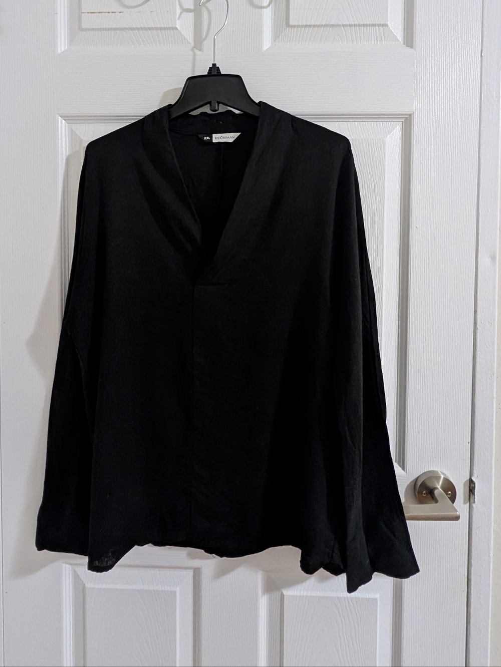 Kidoriman Black Linen Blend Zen Boho Tunic Minimalist V-Neck Long Sleeve Top XXL